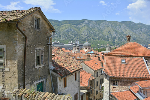 Historic buildings in Kotor old town, Montenegro. 