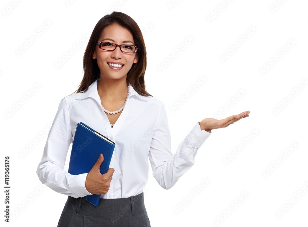 Asian business woman presenting copy space. Asian business woman presenting copy space.