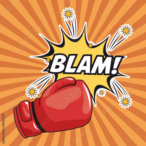 blam explosion glove boxing cartoon pop art comic retro communication icon. Colorful striped design. Vector illustration