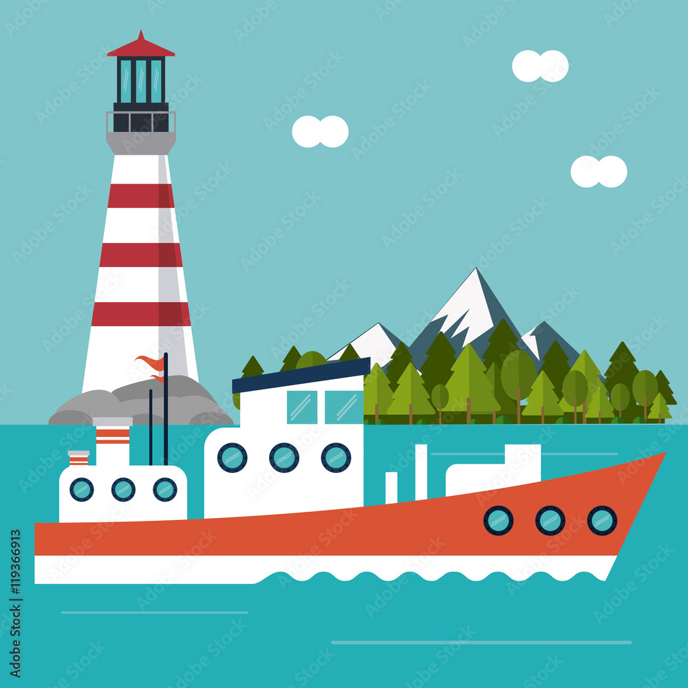 boat mountains pine trees cloud lighthouse ship sea ocen transportation icon. Colorful and flat design. Blue background. Vector illustration