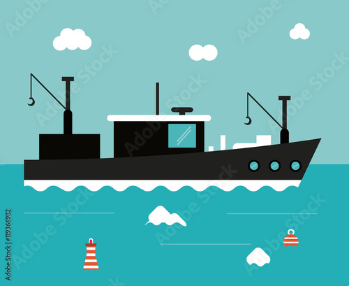 boat ship clouds sea ocen transportation icon. Colorful and flat design. Blue background. Vector illustration