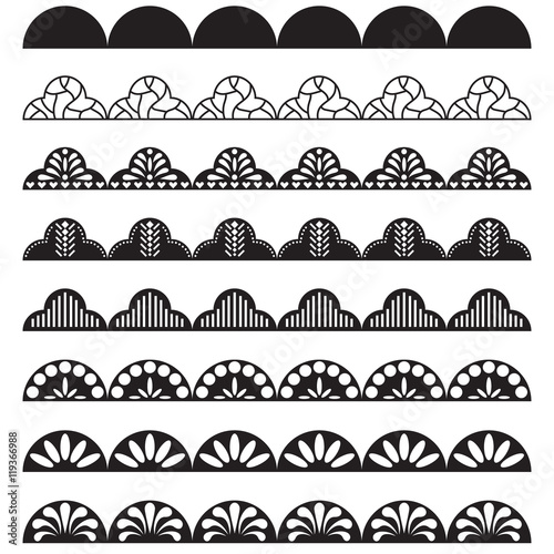 Lace border pattern brush for hem decoration. Black openwork net ornament.