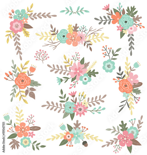 Hand drawn floral vector bouquets. Beautiful designs for invitations, wedding or greeting cards