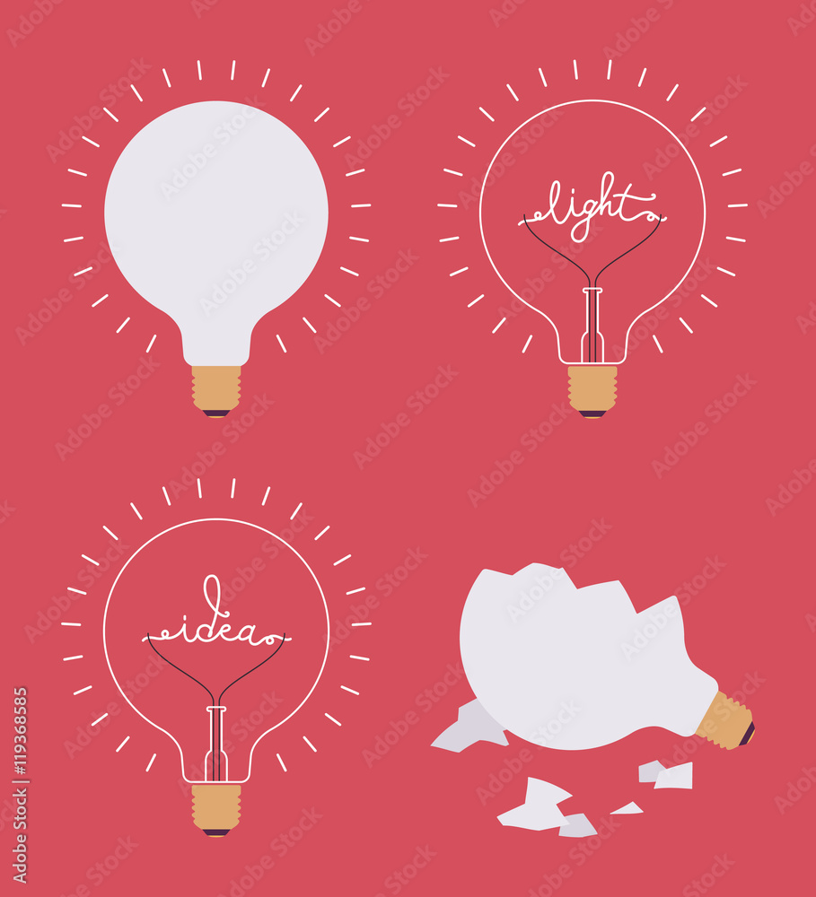 Set of four light bulbs against crimson background. Lit, broken, with a word idea, light. Consept cartoon flat-style illustration.