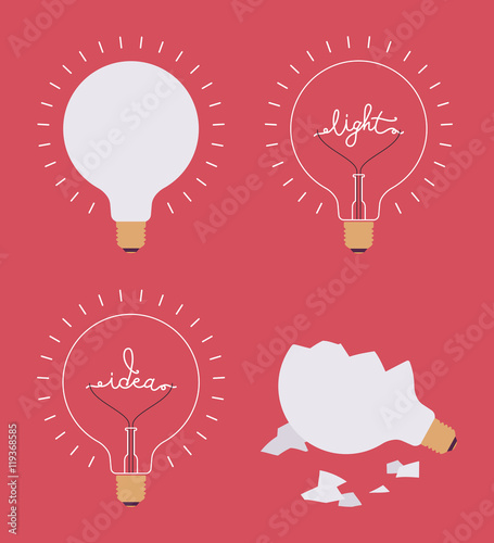 Set of four light bulbs against crimson background. Lit, broken, with a word idea, light. Consept cartoon flat-style illustration.