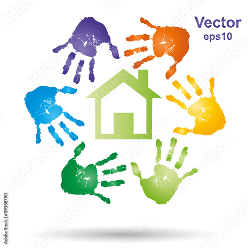 Vector conceptual children painted hand print and house symbol isolated on white background