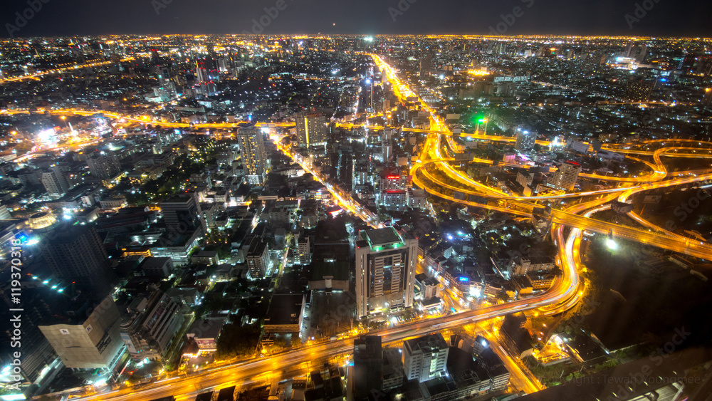 Aerial view cityscape colorful Bangkok Thailand at night.