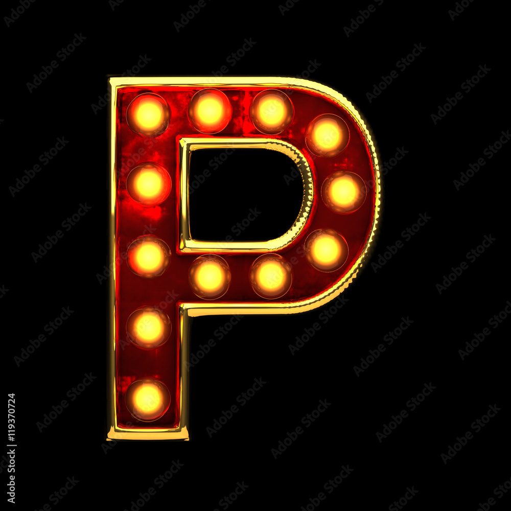 p isolated golden letter with lights on black. 3d illustration - obrazy, fototapety, plakaty 