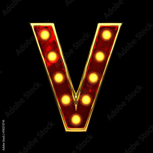 Canvas Print v isolated golden letter with lights on black. 3d illustration