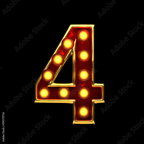 Canvas Print 4 isolated golden letter with lights on black. 3d illustration