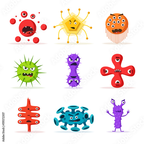 Set of bacteria characters. Cartoon vector illustration. Microbiology