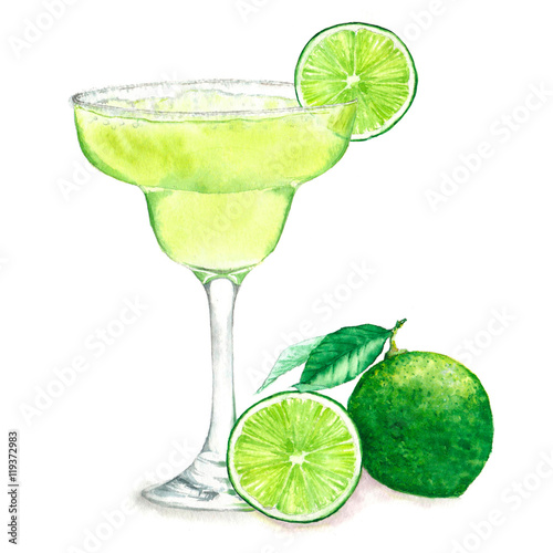 Hand drawn watercolor illustration of fresh Margarita cocktail with green limes isolated on the white background photo