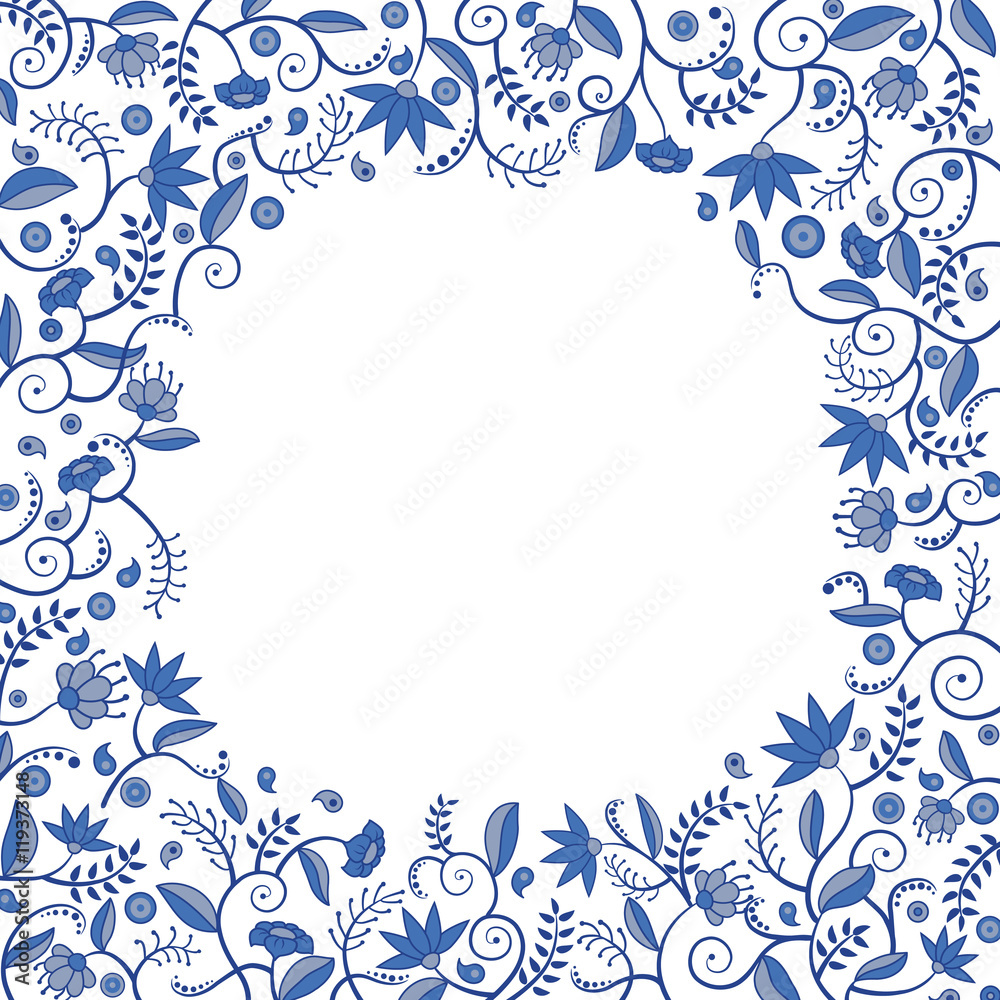 Floral border pattern with blue flowers, leaves, curles and other elements Floral border pattern with blue flowers, leaves, curles and other elements