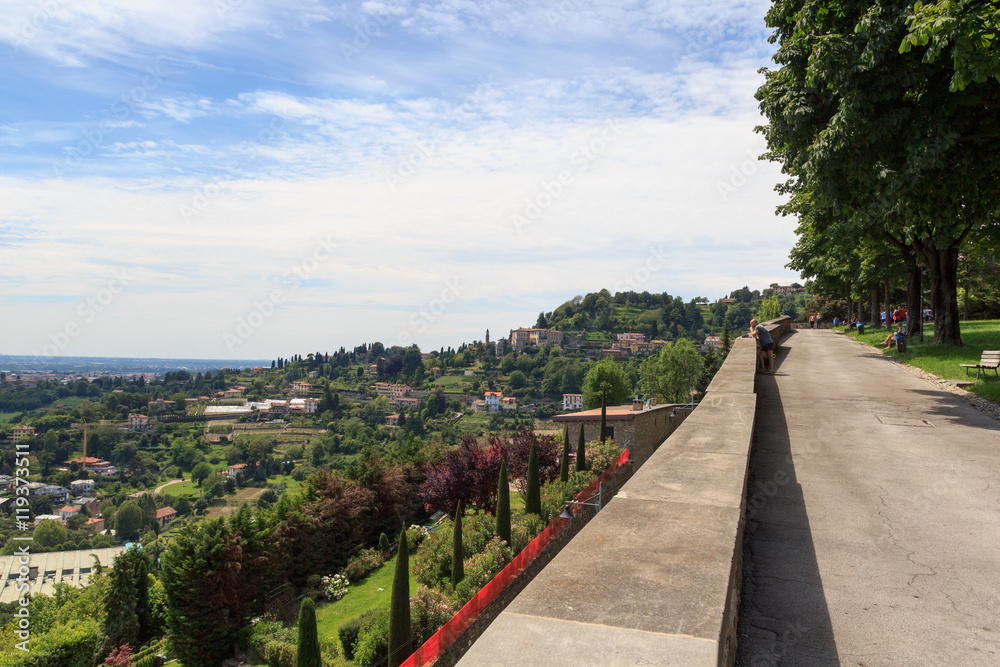 View from park in Citta Alta to hill San Vigilio panorama in Bergamo, Italy