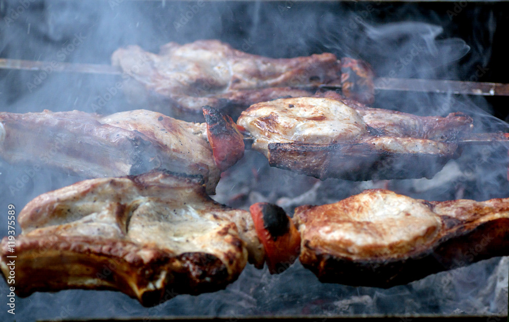 skewers fire-roasted meat with tomatoes embers and smoke skewers fire-roasted meat with tomatoes embers and smoke