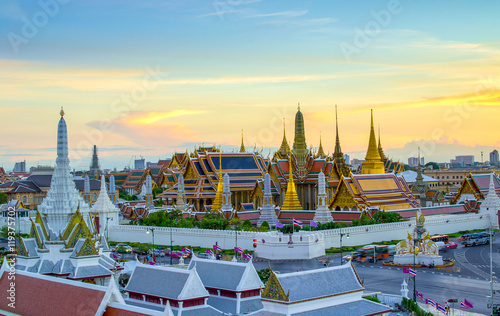 palace and Wat phra kaew at sunset bangkok, Thailand
