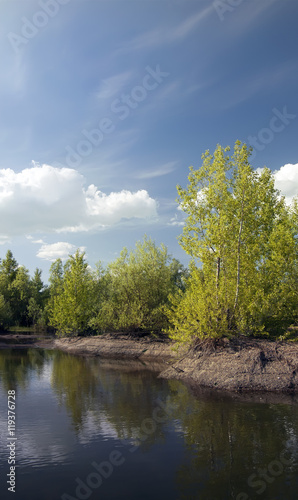 Summer landscape with pond and blue sky