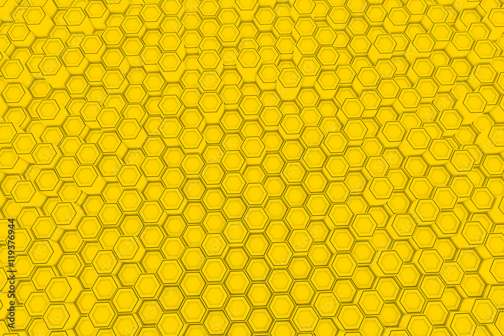Abstract background made of yellow hexagons, wall of hexagons,, 3d render illustration Abstract background made of yellow hexagons, wall of hexagons,, 3d render illustration