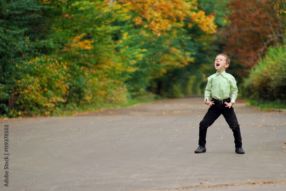 Little boy looks funny while dancing in the park