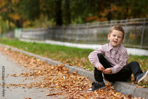 Fototapeta Naklejka Na Ścianę i Meble -  Charming little boy sits on the pavement covered with fallen lea