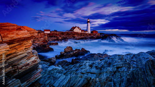 Portland Head Light at sunrise after the storm.  Still in the Blue Hour photo