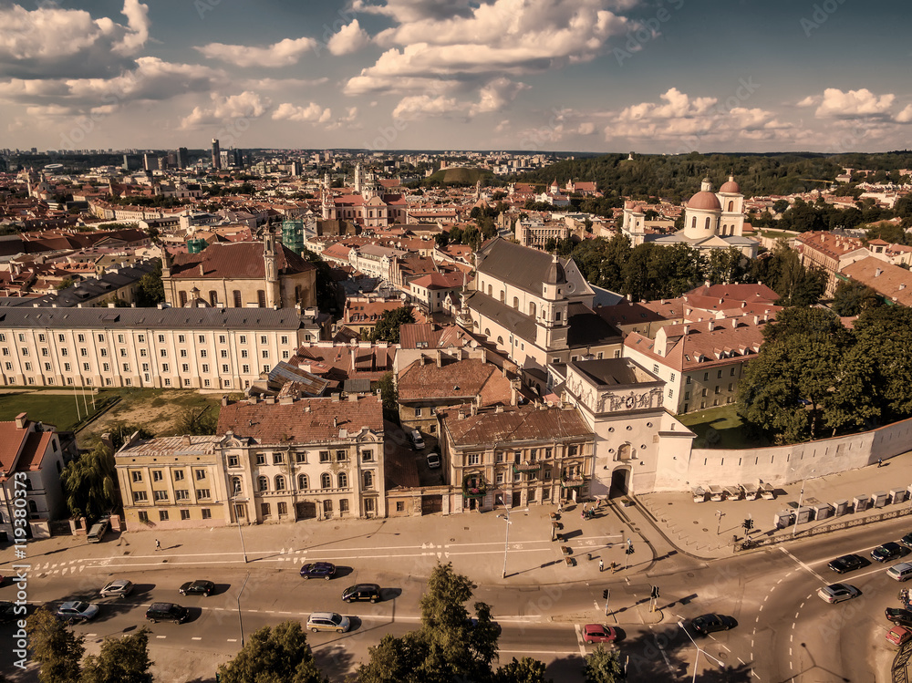 AERIAL. Old Town in Vilnius, Lithuania: the Gate of Dawn