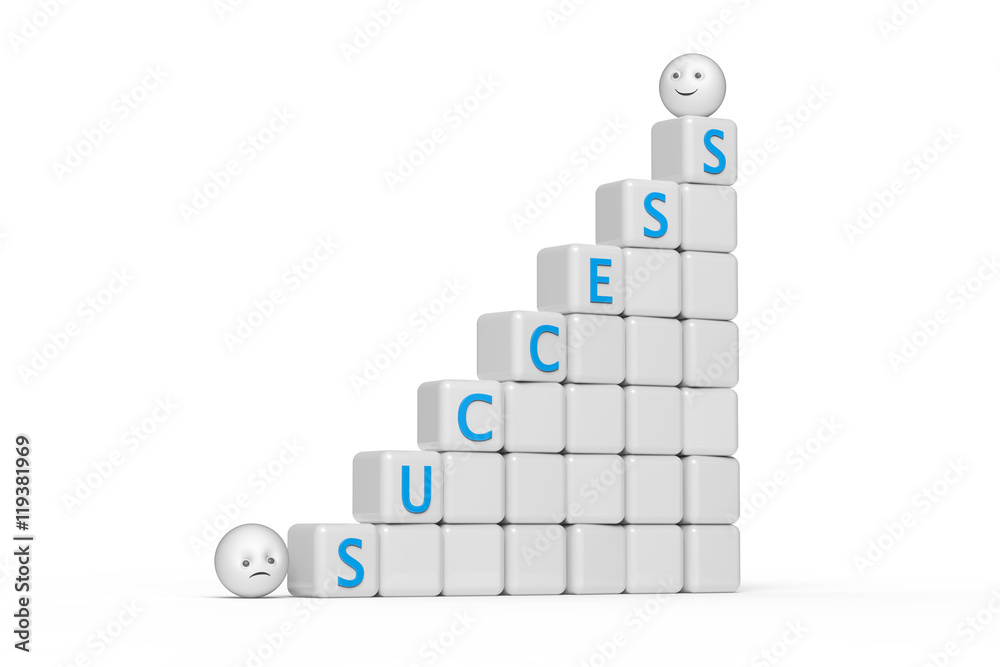 stair from cubes with text success and ball shape smiley