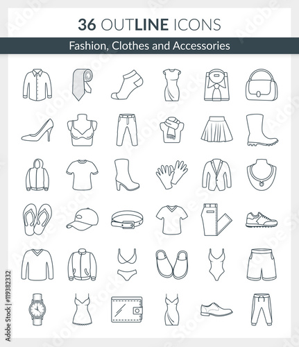 Fashion  Clothes and Accessories Icons. Set of modern Outline  icons of fashion  clothes  accessories.  