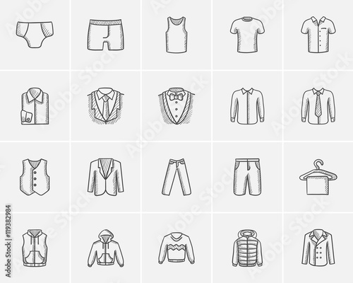 Clothes for men sketch icon set.