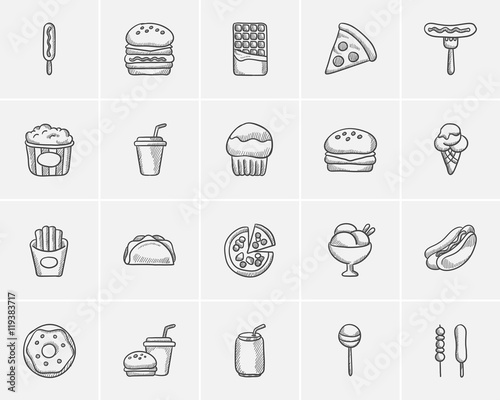 Junk food sketch icon set.
