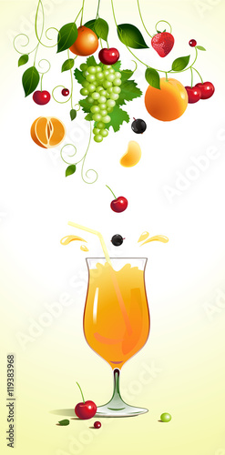 Glass of juice. Ripe fruit. Vector