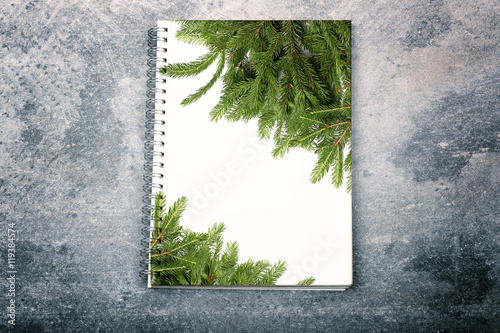 New Year background Christmas tree abstract gray background notebook for notes natural stone Grange vintage retro