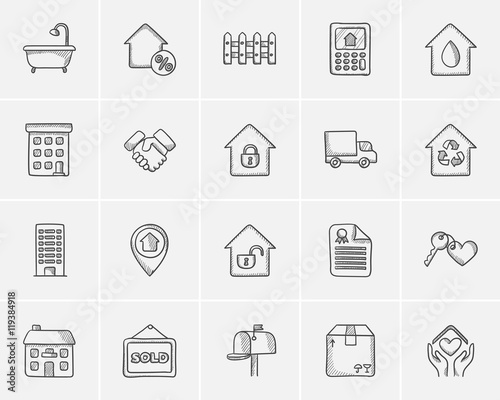 Real estate sketch icon set.