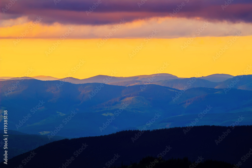 Picturesque and dramatic Carpathian mountains landscape, sunset evening time, Ukraine.