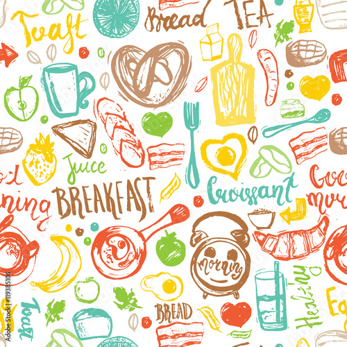 Breakfast seamless pattern with bread  porridge  coffee  eggs and lettering. Can be used for menu  banner  background and site header.