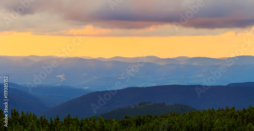 Picturesque and dramatic Carpathian mountains landscape, sunset evening time, panorama view, Ukraine.
