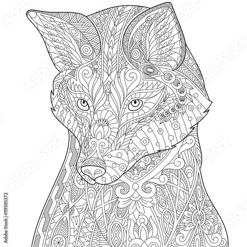 Stylized fox (wolf or dog), isolated on white background. Freehand sketch for adult anti stress coloring book page with doodle and zentangle elements.