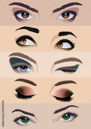 Set of women's eyes with a different makeup. Set of vector blue, brown and green eyes. Female eyes