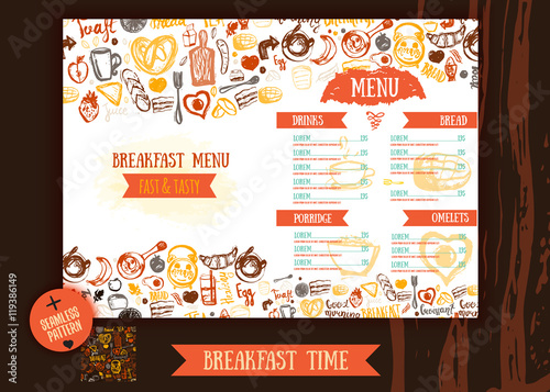Breakfast menu design template. Modern hand-drawn sketch with lettering with Bread, cake, tea, eggs. Food design template with seamless pattern.