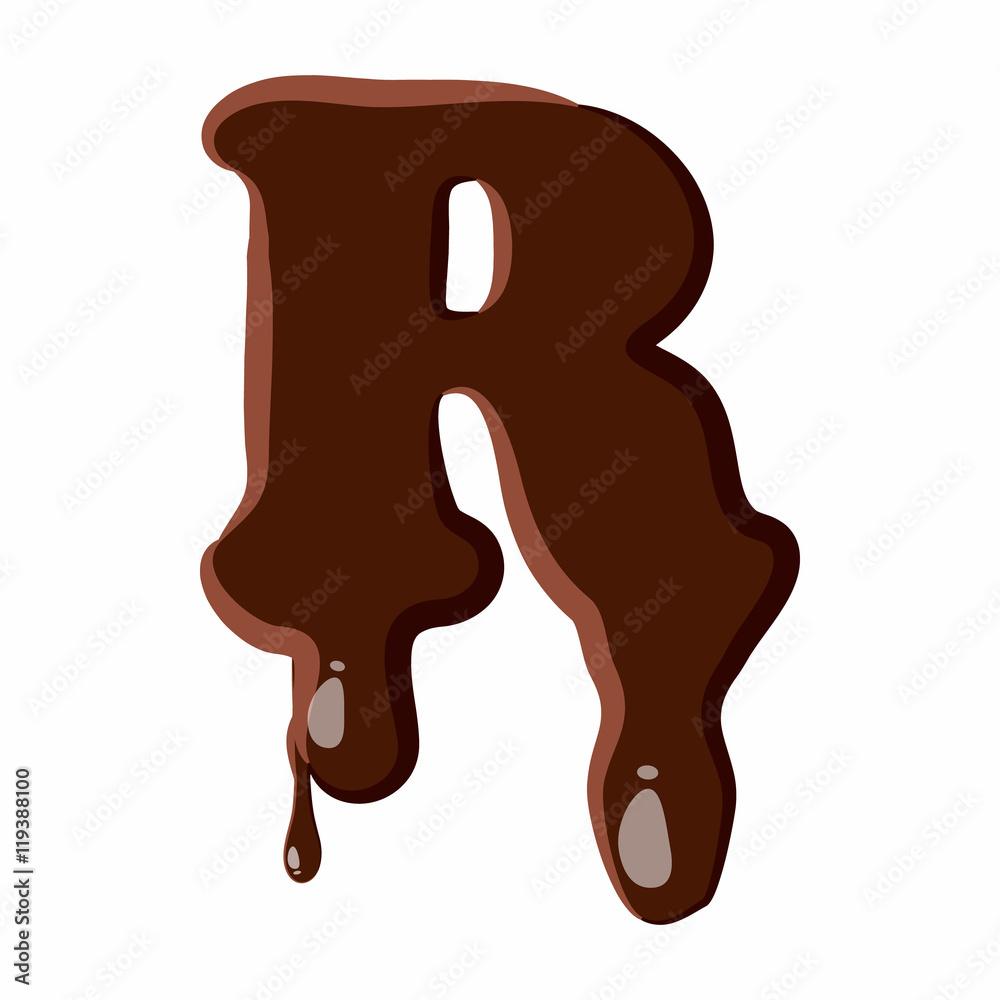 Letter R from latin alphabet with numbers and symbols made of dark melted chocolate Letter R from latin alphabet with numbers and symbols made of dark melted chocolate