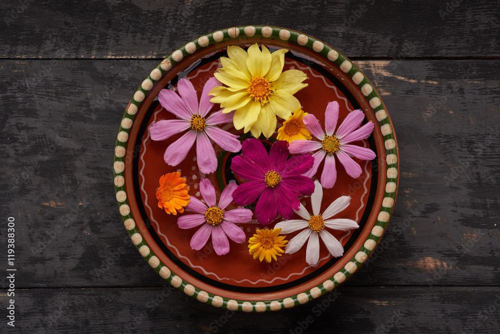 colored flowers in a bowl of water on top