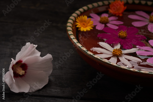 colored flowers in a bowl with water and flower on the table