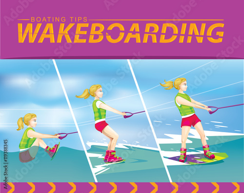 wakeboarding start. boating tips. girl on a wakeboard. vector illustrations. water extreme sport
