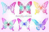Butterfly colorful set.  Insect sketch collection for design and scrapbooking, vector hand drawn illustration, silhouette, isolated