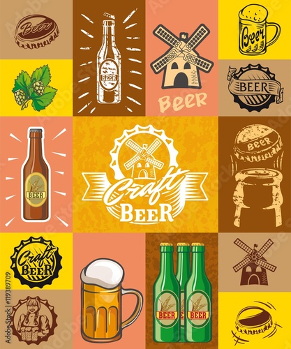 beer, brewing, ingredients, consumer culture. set of simple color illustrations