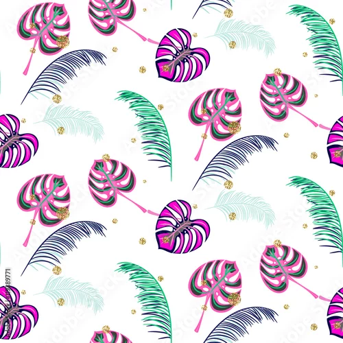 Tapety Monstera różowy zwrotnik roślina pozostawia wzór. Egzotyczny wzór natury na tkaninę, tapetę lub odzież.