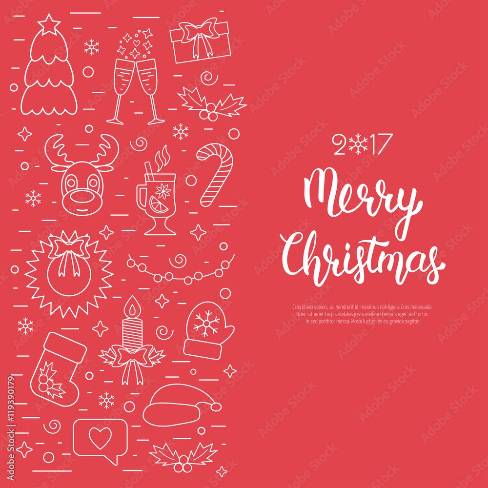 Fototapeta premium Christmas isolated concept, flyer, card with traditional attributes in line style with white hand lettering inscription. Handwritten modern brush lettering. Flat design from white linear icons. Vector