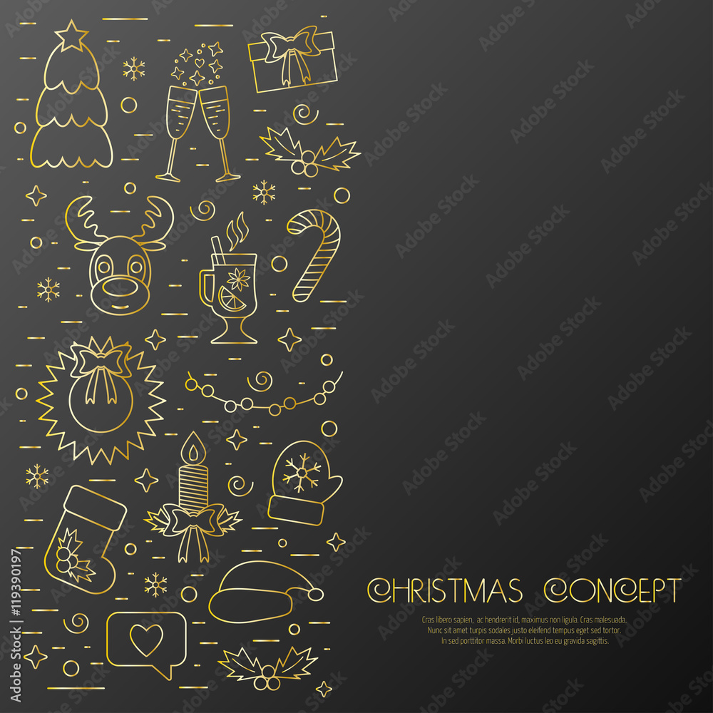 Christmas isolated concept, flyer, card with traditional attributes in line style. Flat design from golden linear icons. Vector Christmas isolated concept, flyer, card with traditional attributes in line style. Flat design from golden linear icons. Vector