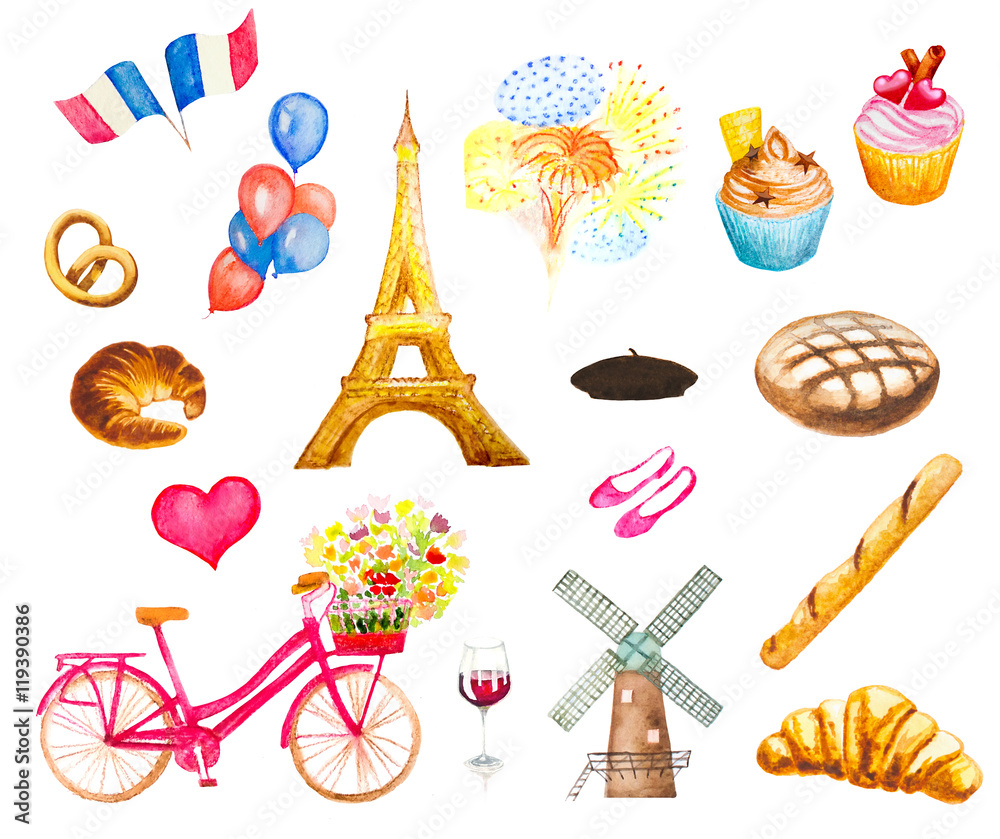 Fototapeta premium watercolor hand painted set on france, paris theme