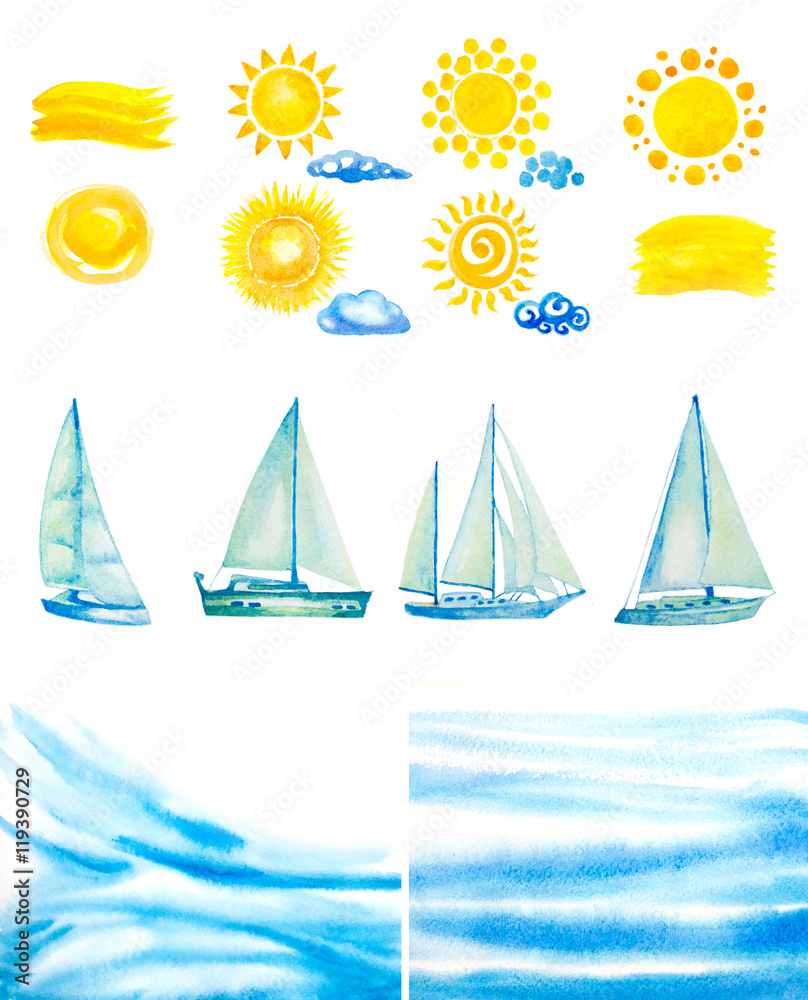 Obraz premium set of watercolor sun,clouds,yachts,abstract water waves
